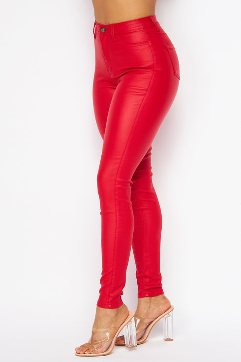 Super High Waisted Faux Leather Stretchy Skinny Jeans - Red - SohoGirl.com